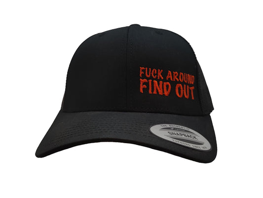 FUCK AROUND FIND OUT FlexFit Adult Hat Black / Orange Mesh
