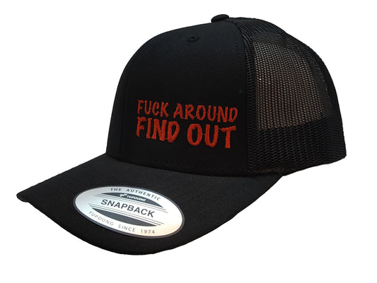 FUCK AROUND FIND OUT FlexFit Adult Hat Black / Orange Mesh