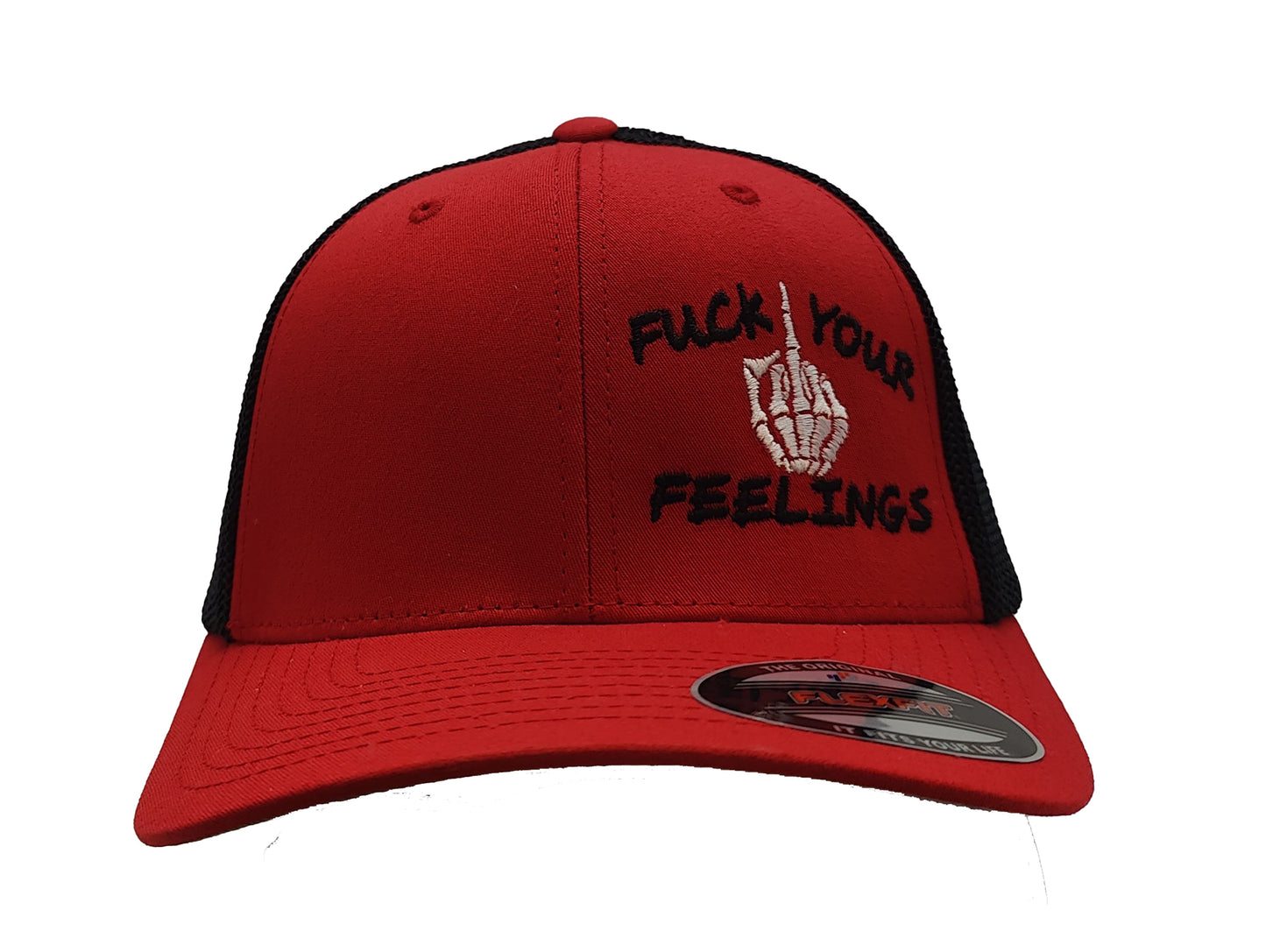 FUCK YOUR FEELINGS FlexFit Adult Hat Red / Black Mesh