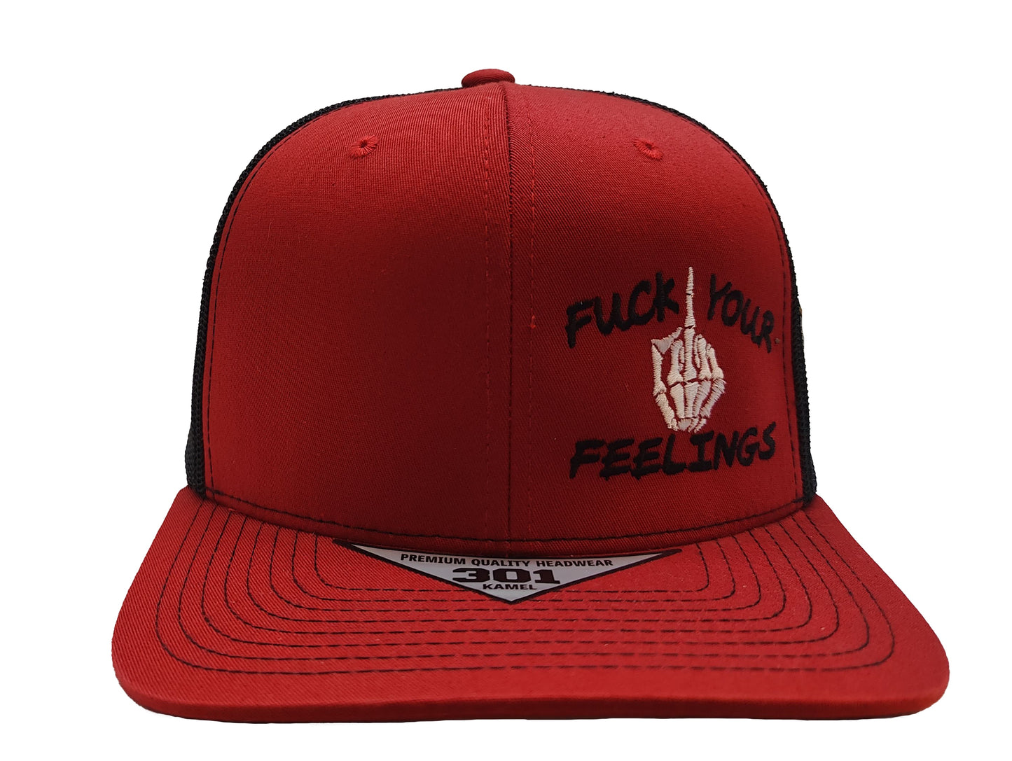 FUCK YOUR FEELINGS Kamel Adult Flat Bill Hat 301 Red / Black