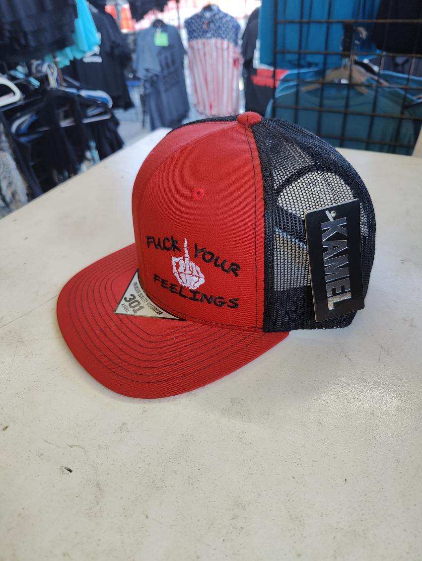 FUCK YOUR FEELINGS Kamel Adult Flat Bill Hat 301 Red / Black