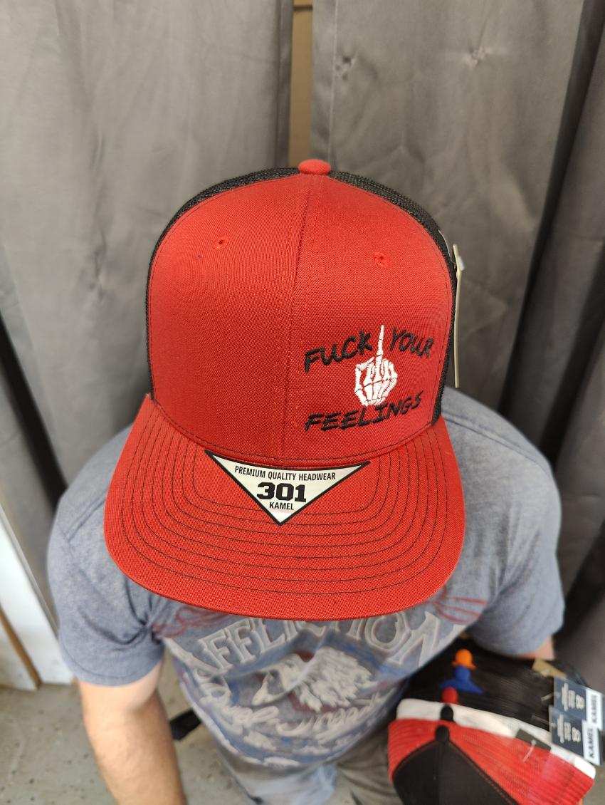 FUCK YOUR FEELINGS Kamel Adult Flat Bill Hat 301 Red / Black