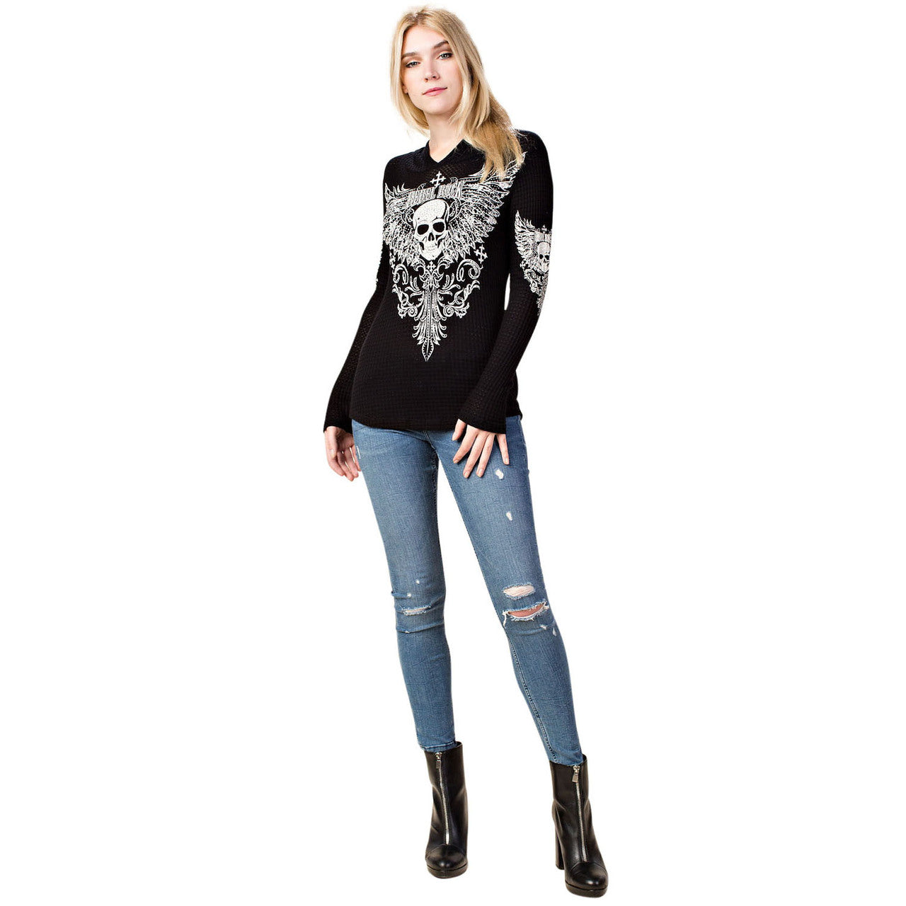 Vocal Hoodie Long-Sleeve TOP w/ Skull Print Detail (BLACK)