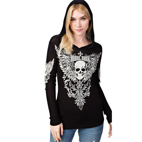 Vocal Hoodie Long-Sleeve TOP w/ Skull Print Detail (BLACK)