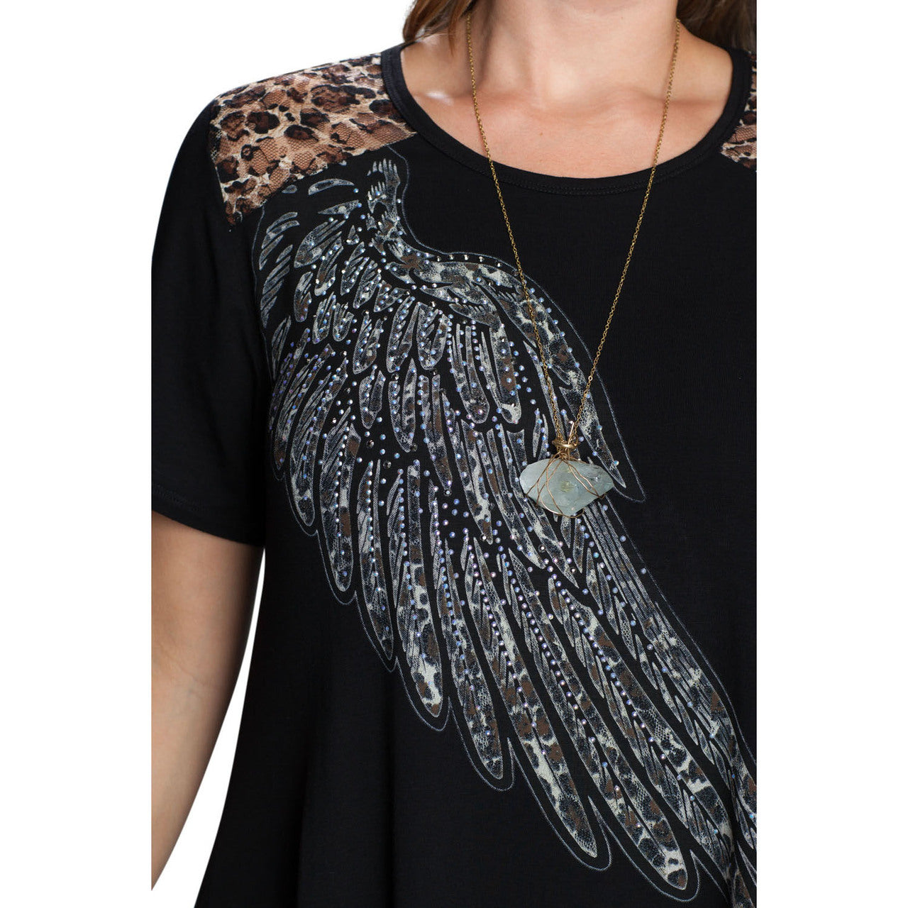 PLUS SIZE Vocal Apparel Wing Print TOP w/ Animal Print LACE Back