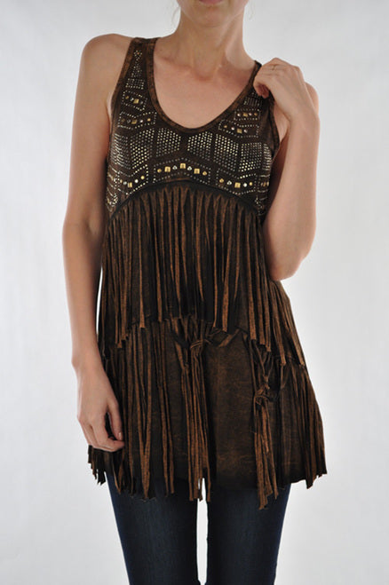 T Party FRINGE TANK TOP BROWN