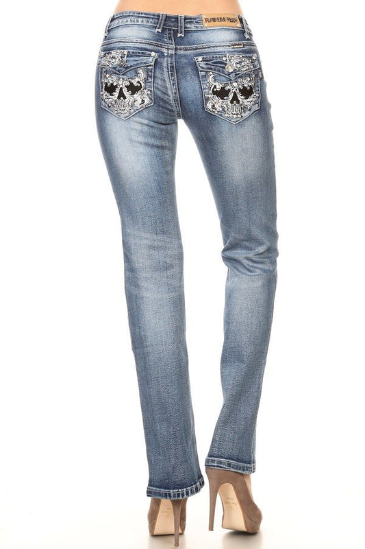 PLATINUM PLUSH WOMEN'S JEANS W/ SKULL EMBROIDERY