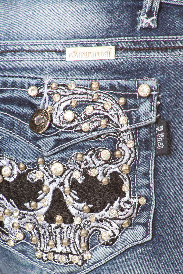 PLATINUM PLUSH WOMEN'S JEANS W/ SKULL EMBROIDERY