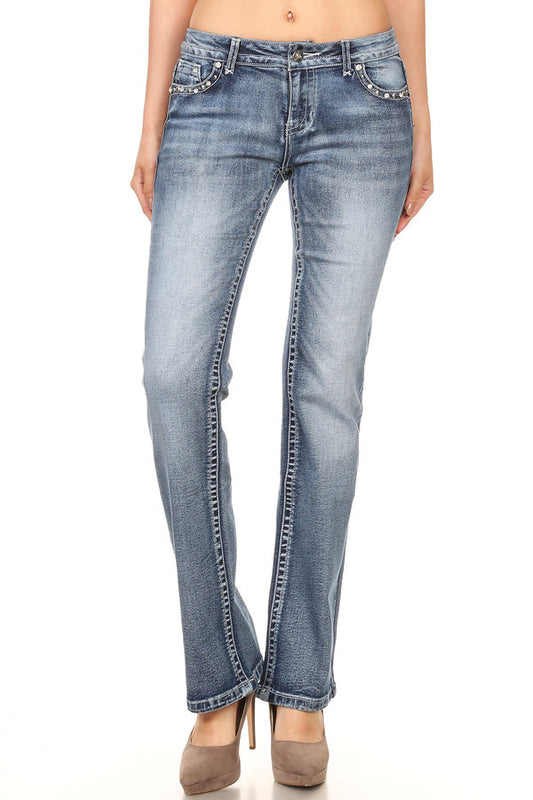 PLATINUM PLUSH WOMEN'S JEANS W/ SKULL EMBROIDERY
