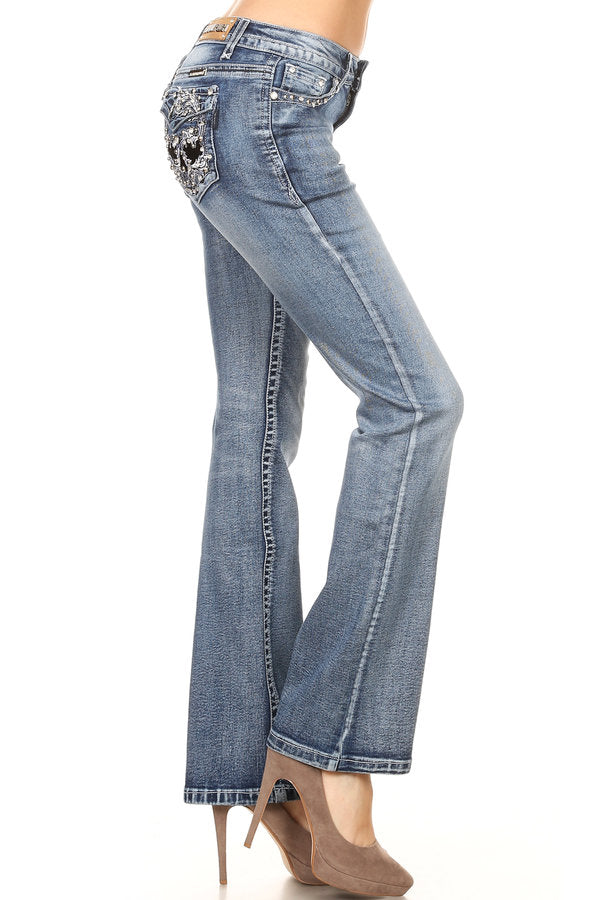 PLATINUM PLUSH WOMEN'S JEANS W/ SKULL EMBROIDERY