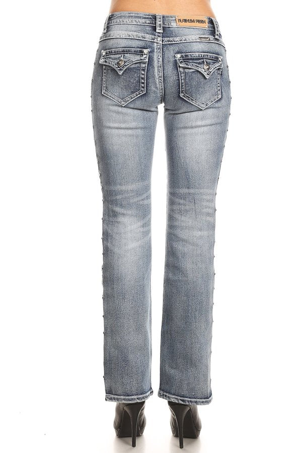 PLATINUM PLUSH WOMEN'S JEANS WITH RHINESTONE POCKETS & LACE-UP SIDES