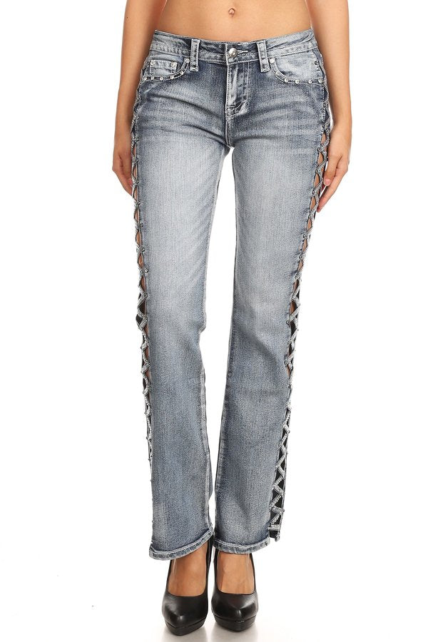 PLATINUM PLUSH WOMEN'S JEANS WITH RHINESTONE POCKETS & LACE-UP SIDES