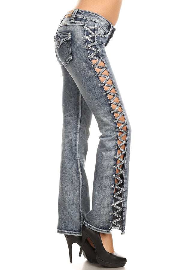 PLATINUM PLUSH WOMEN'S JEANS WITH RHINESTONE POCKETS & LACE-UP SIDES