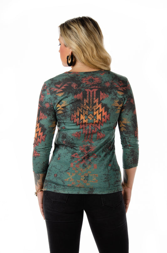 LIBERTY WEAR Lolita V-Neck Graphic Top w/ Blue & Copper Rhinestones