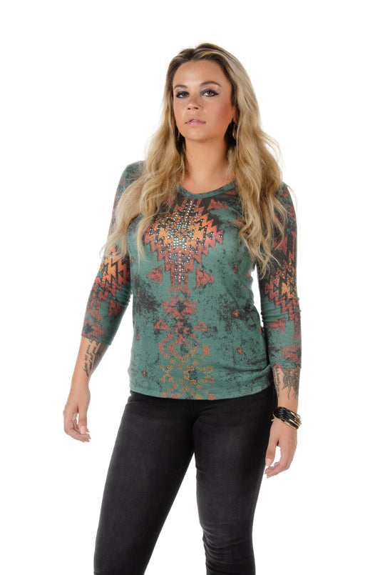LIBERTY WEAR Lolita V-Neck Graphic Top w/ Blue & Copper Rhinestones