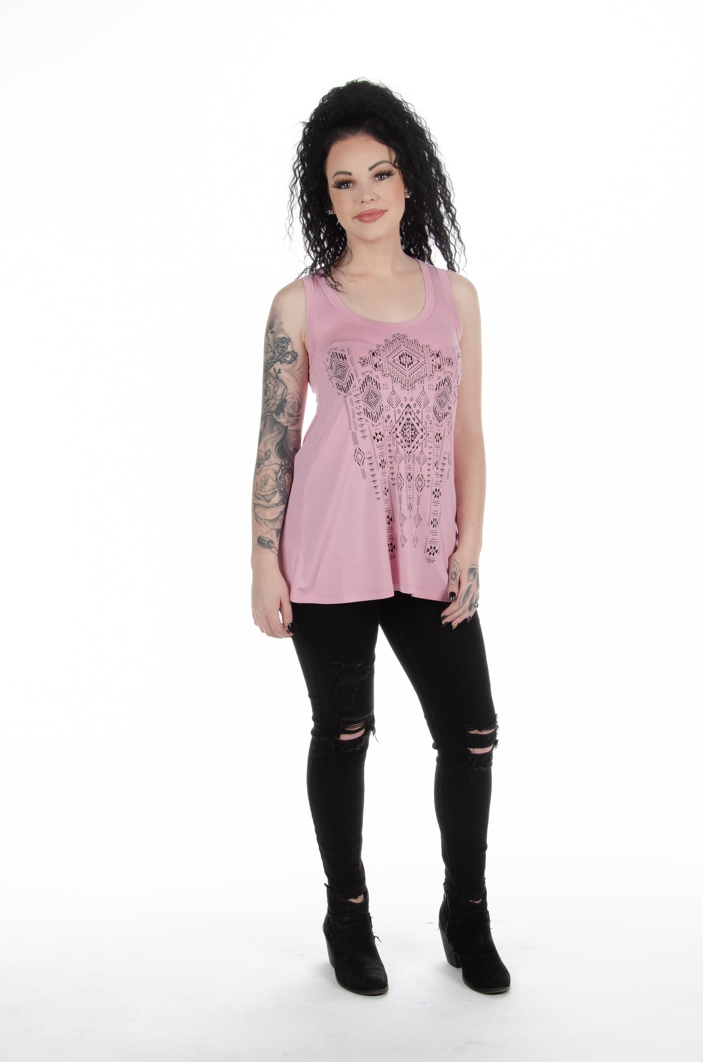 LIBERTY WEAR Mauve Tribal Print A-Line Tank w/ Rhinestones in Pink