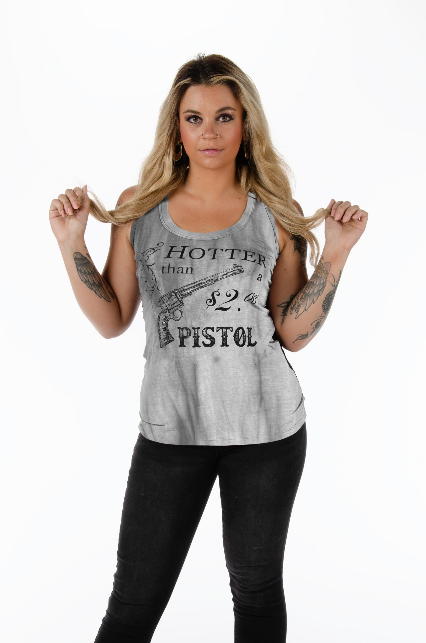 LIBERTY WEAR Hot Pistol Graphic Tank Top w/ Lace Back & Foil