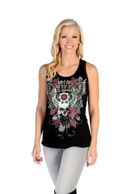 LIBERTY WEAR Devilish Graphic Tank Top w/ Slit Front & Lace Back