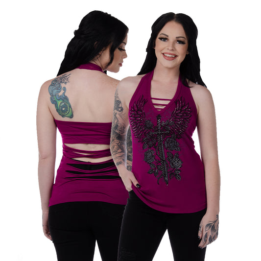 LIBERTY WEAR Vengeance Graphic Halter Top w/ Rhinestones