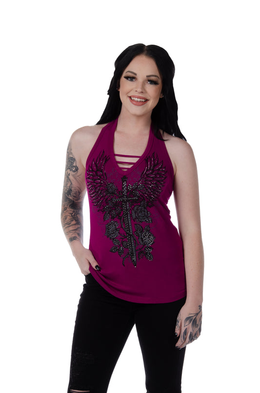 LIBERTY WEAR Vengeance Graphic Halter Top w/ Rhinestones