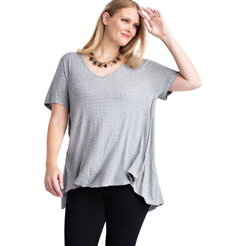 PLUS SIZE SHORT SLEEVE TOP W/ STONES (GRAY)
