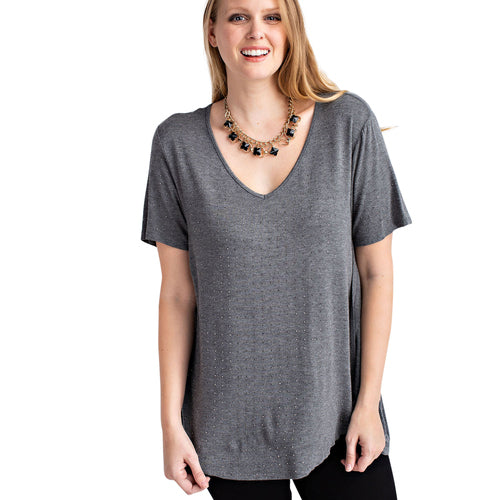 PLUS SIZE SHORT-SLEEVE TOP W/ STONES (CHARCOAL)