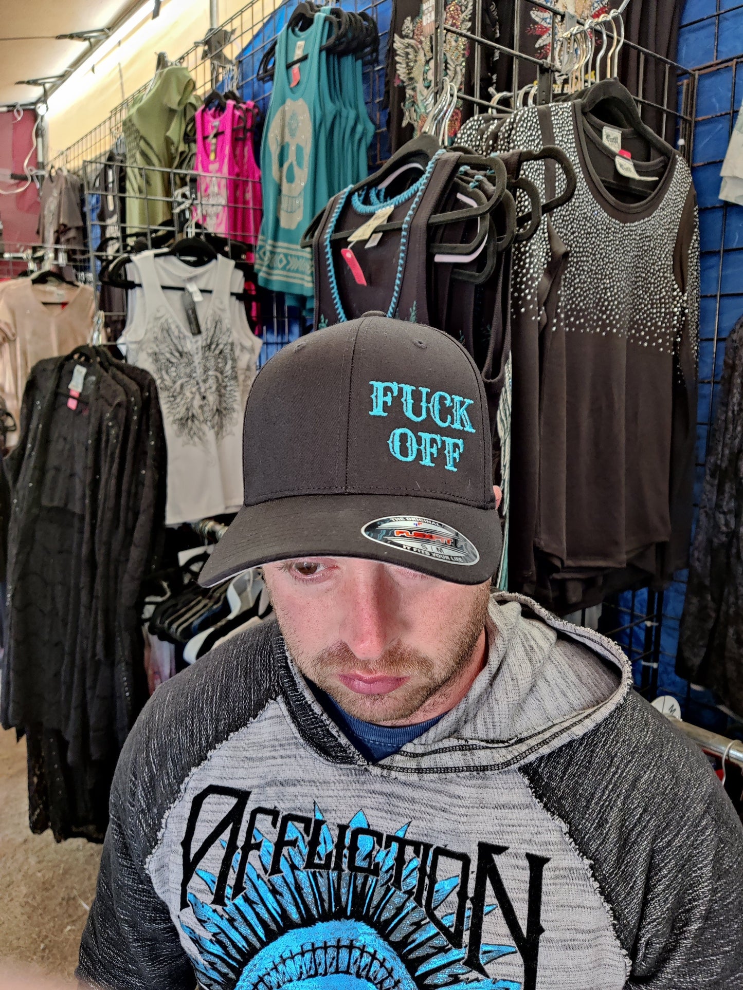 FUCK OFF FlexFit Adult Hat Black / Light Blue