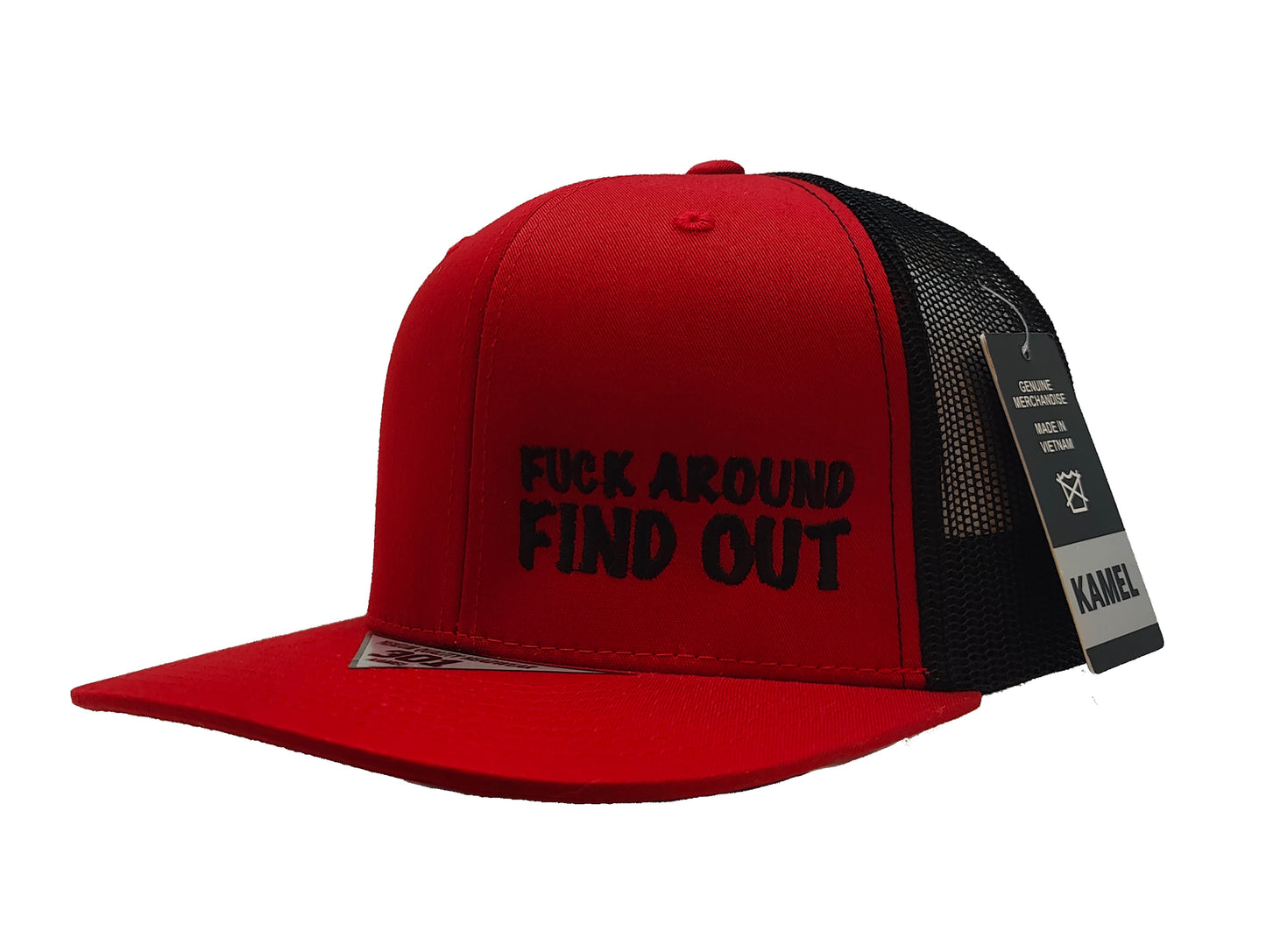 FUCK AROUND FIND OUT Kamel Adult Flat Bill Hat 301 Red / Black