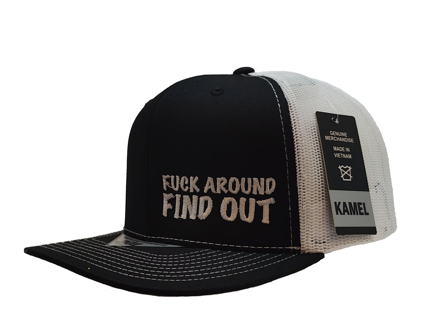 FUCK AROUND FIND OUT Kamel Adult Flat Bill Hat 301 Black / White