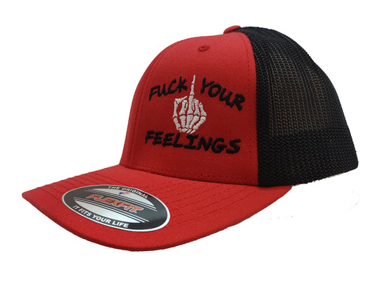 FUCK YOUR FEELINGS FlexFit Adult Hat Red / Black Mesh