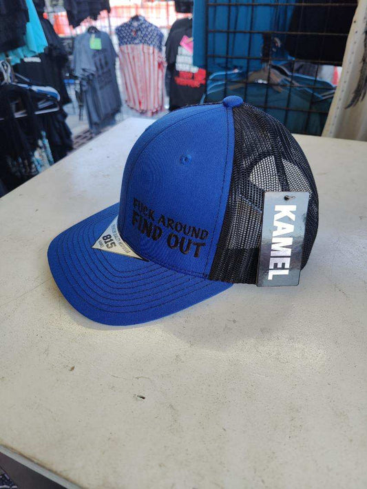 FUCK AROUND FIND OUT Kamel Adult Flat Bill Hat 301 Blue / Black