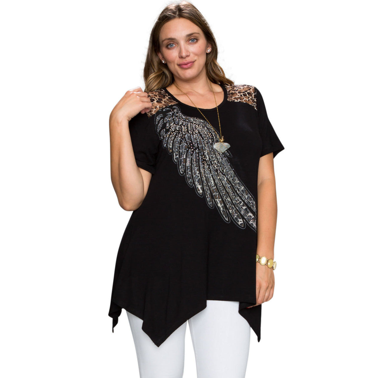 PLUS SIZE Vocal Apparel Wing Print TOP w/ Animal Print LACE Back