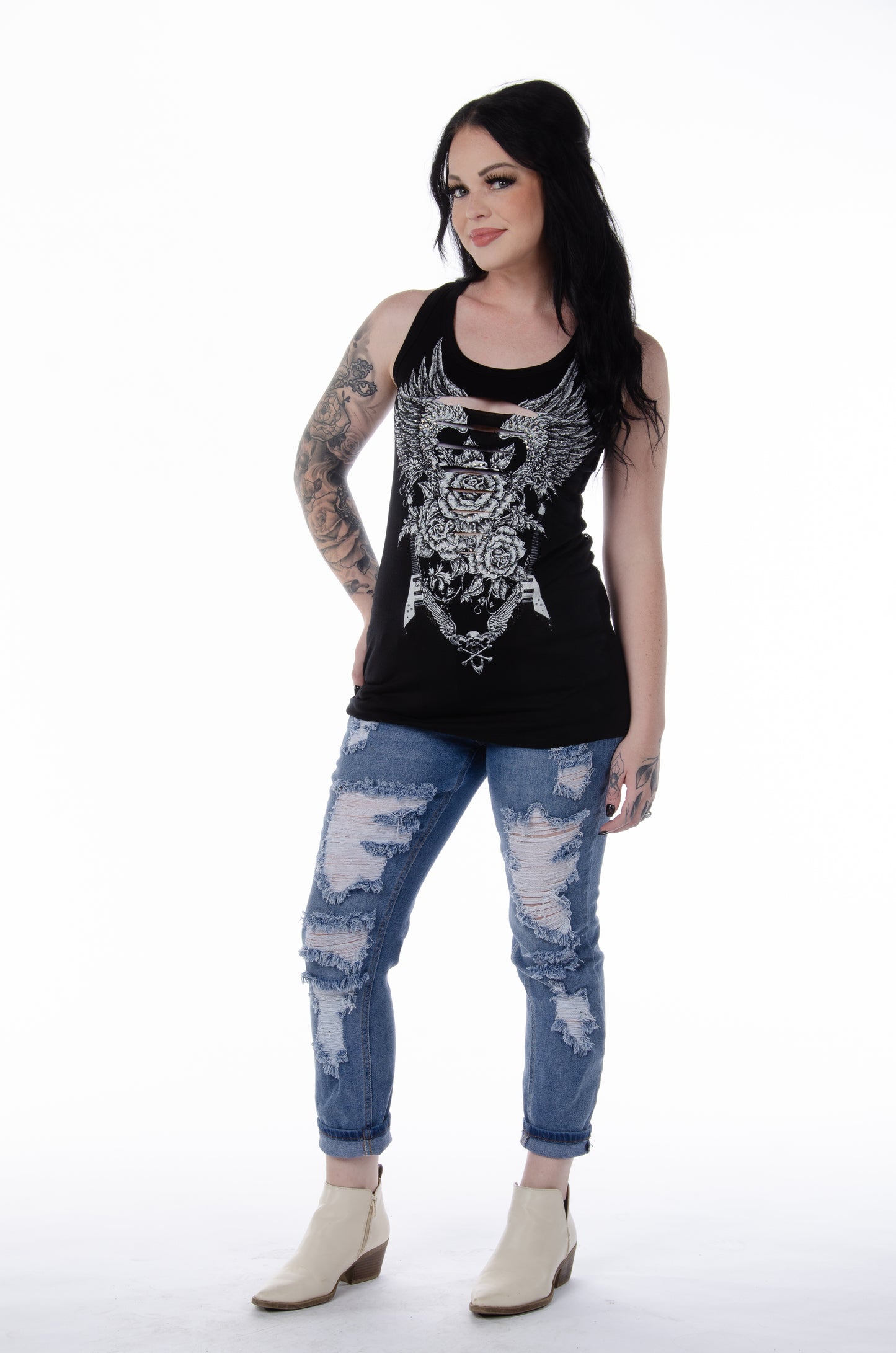 LIBERTY WEAR Gibson Slit-Front Graphic Tank Top w/ Lace Back