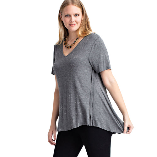 PLUS SIZE SHORT-SLEEVE TOP W/ STONES (CHARCOAL)